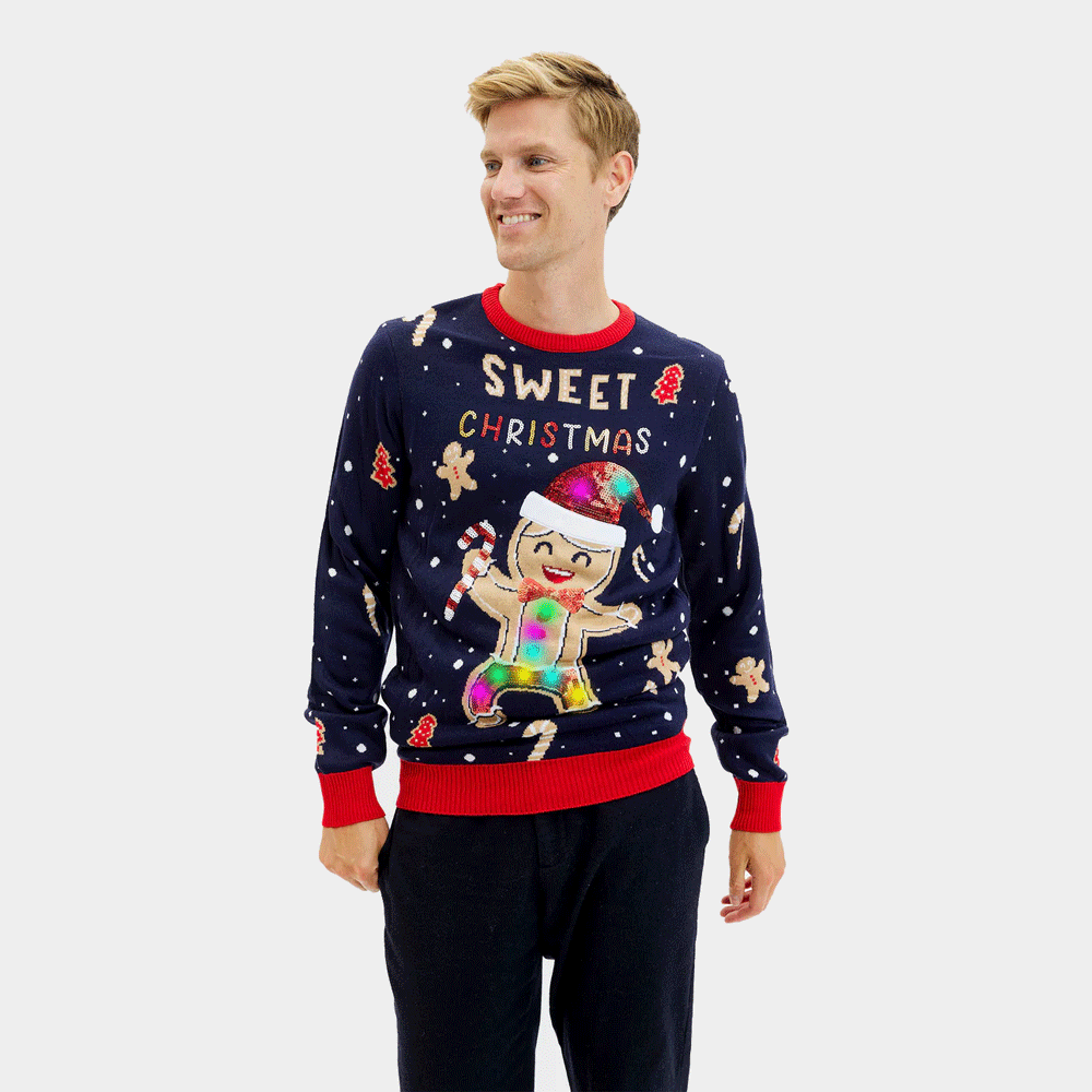 Camisola de Natal Homem Azul Luzes LED Ginger Cookie
