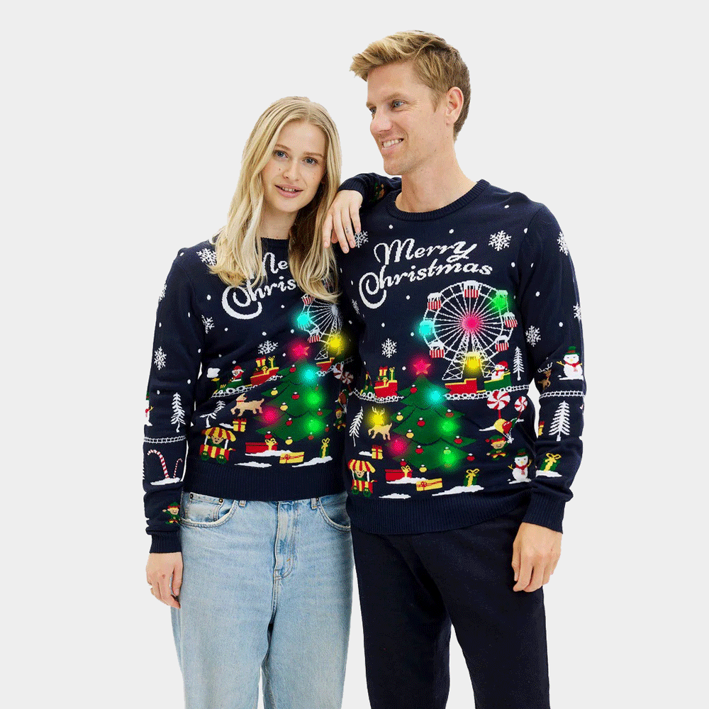 Camisola de Natal Mulher Homem com Luzes LED Feira de Natal