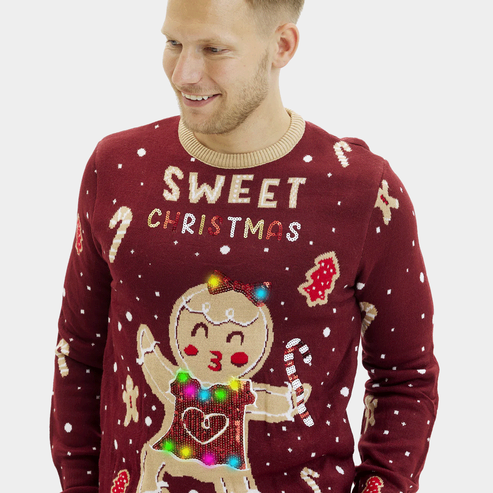 Camisola de Natal Homem Vermelha Luzes LED Ginger Cookie
