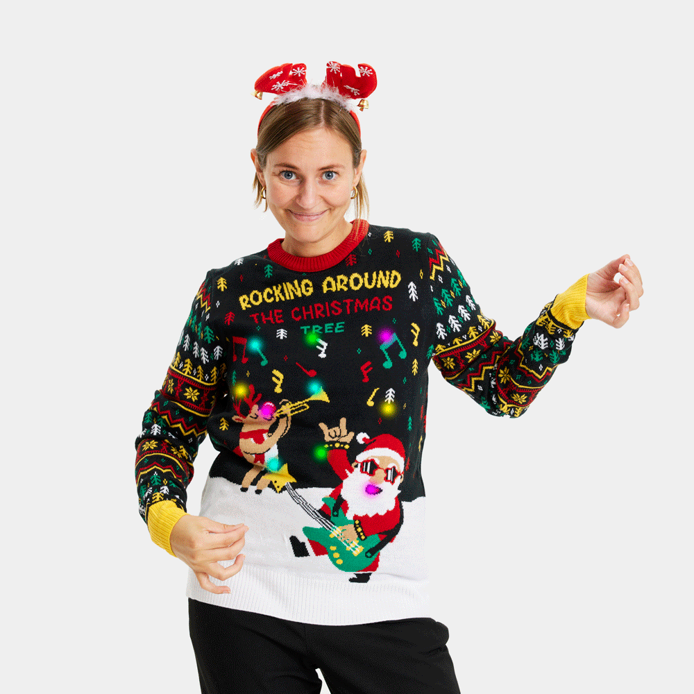 Camisola de Natal Mulher e Homem com Luzes LED Pai Natal Rocker
