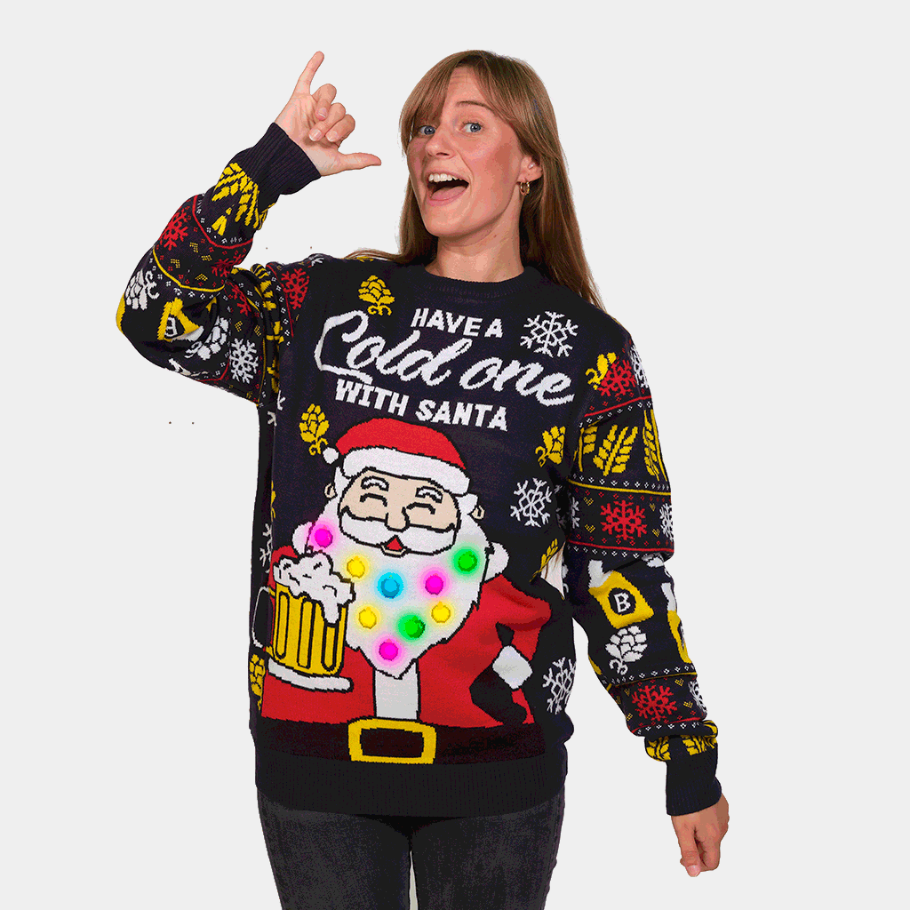 Camisola de Natal Mulher Homem com Luzes LED Pai Natal com Cerveja
