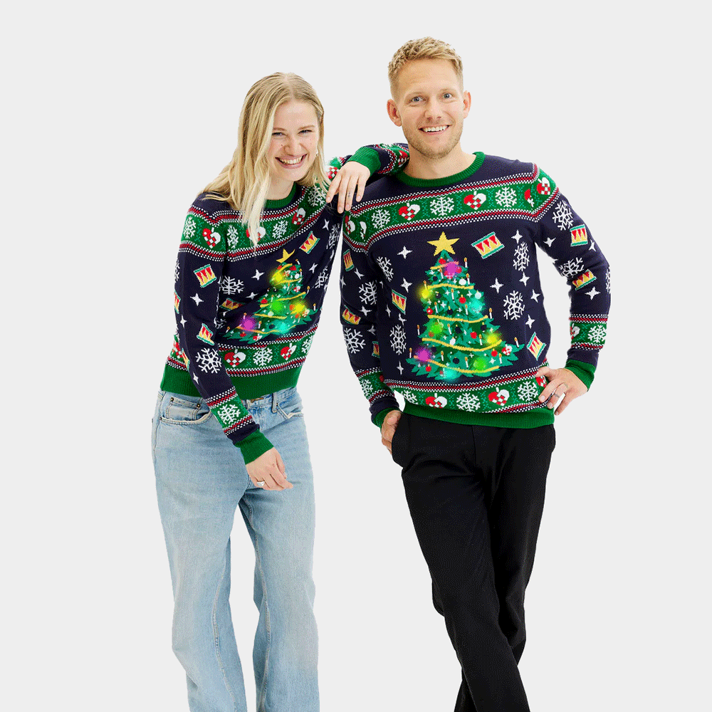 Camisola de Natal para Homem e Mulher Azul com Luzes LED Árvore de Natal
