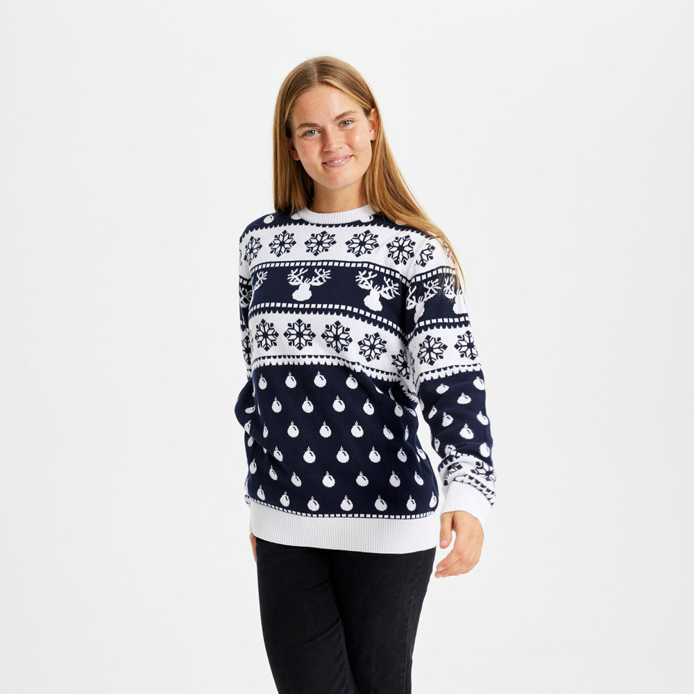 Camisola de Natal Mulher Homem Azul com Renas e Neve
