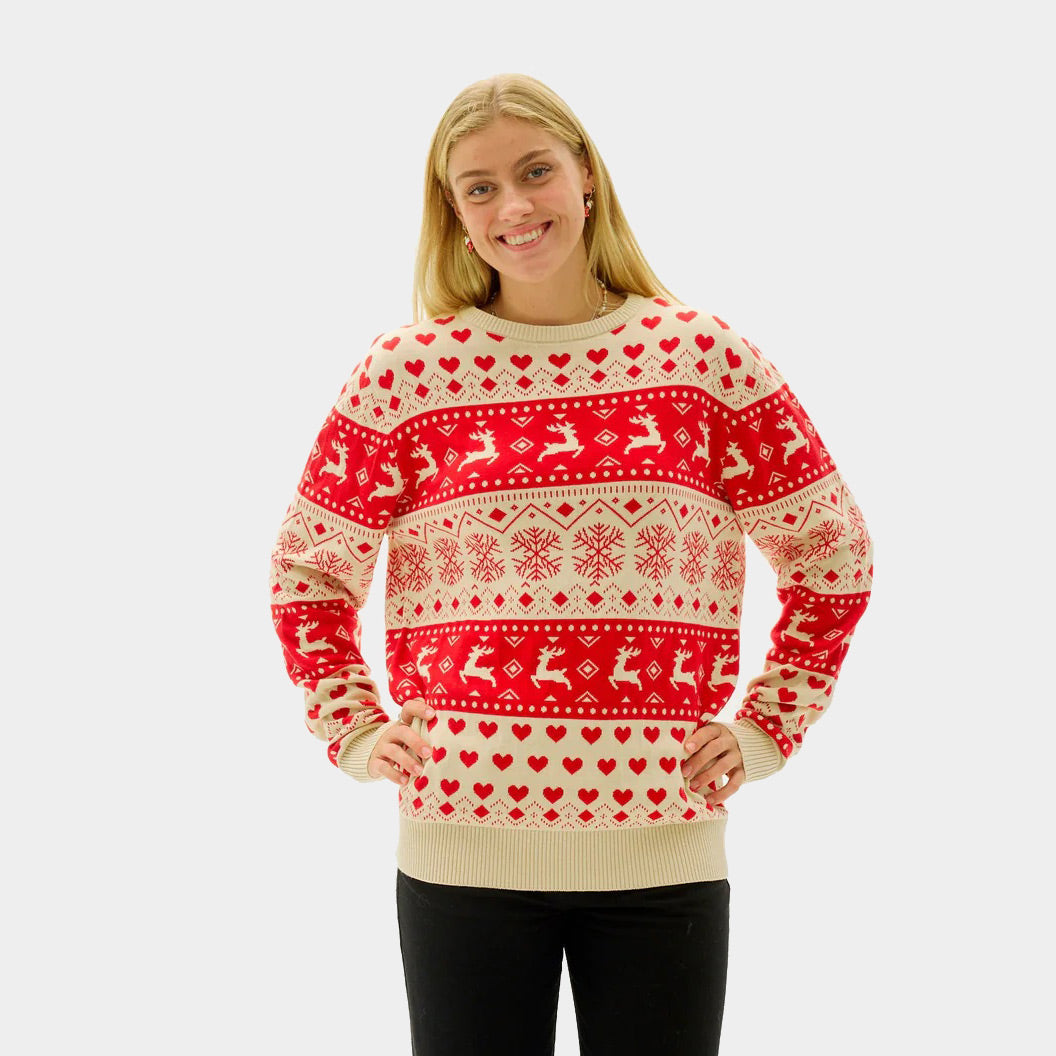 Camisola de Natal Homem Mulher Corações Vermelhos Bege Algodão Orgânico
