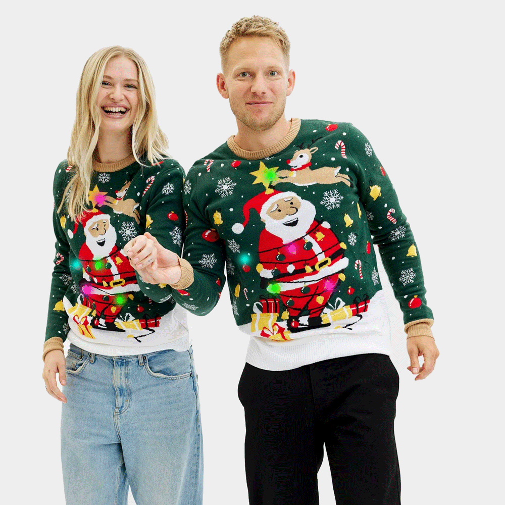Camisola de Natal para Homem e Mulher Verde com Luzes LED Pai Natal Preso

