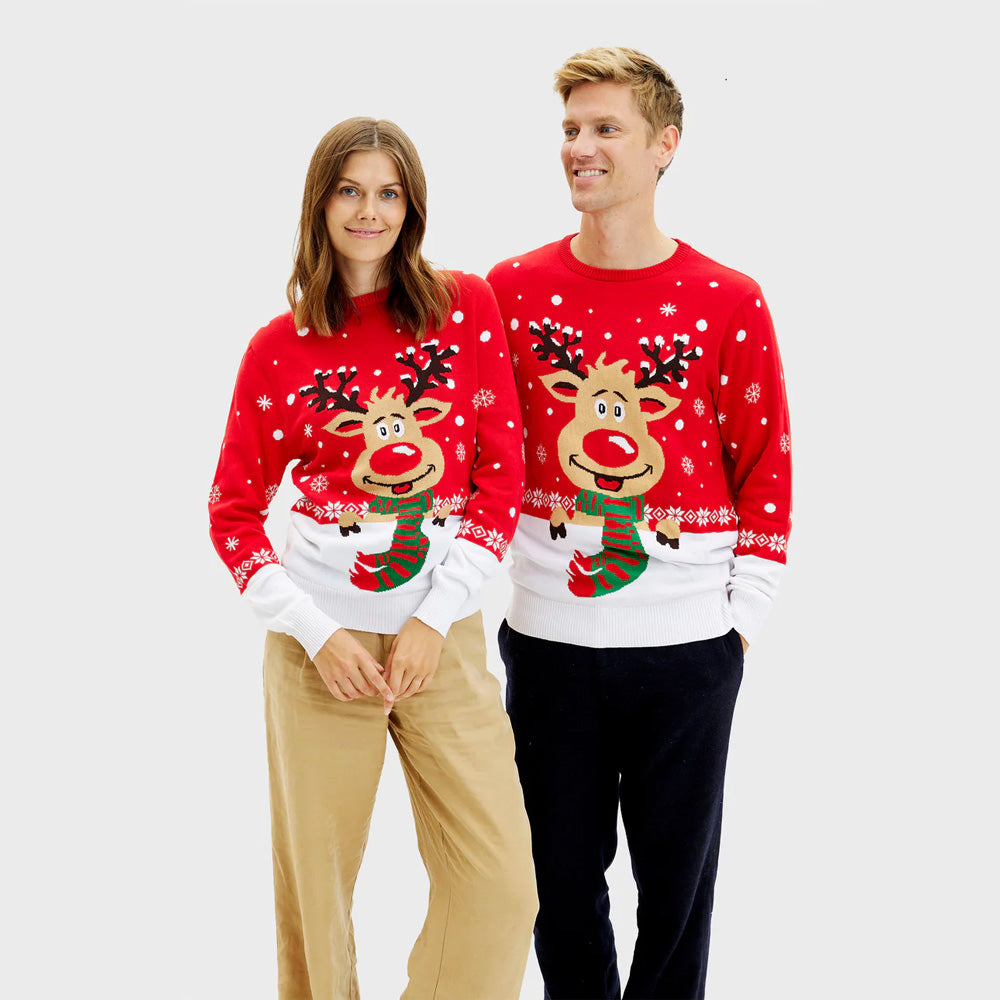 Camisola de Natal para Homem Mulher Rena Cachecol Algodão Orgânico
