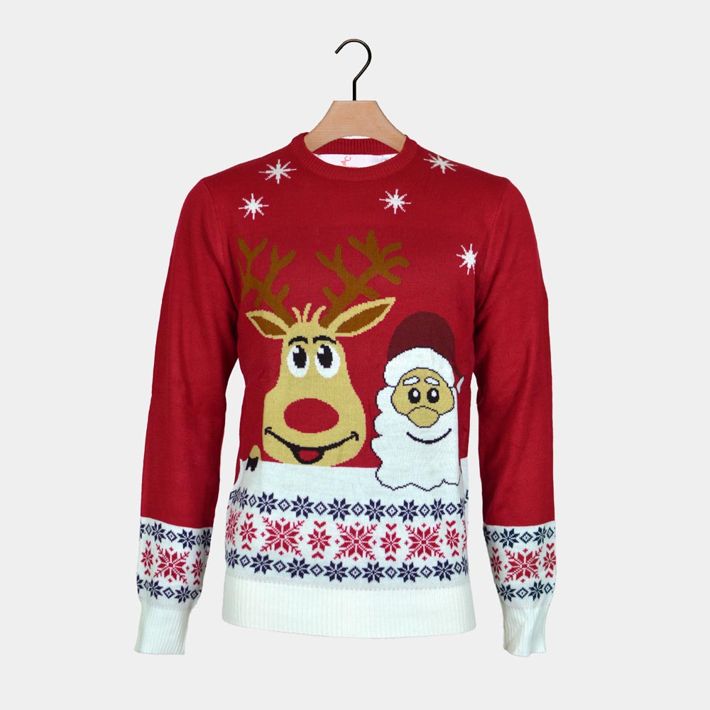 Camisola de Natal para Homem com Rena e Pai Natal Sorridentes