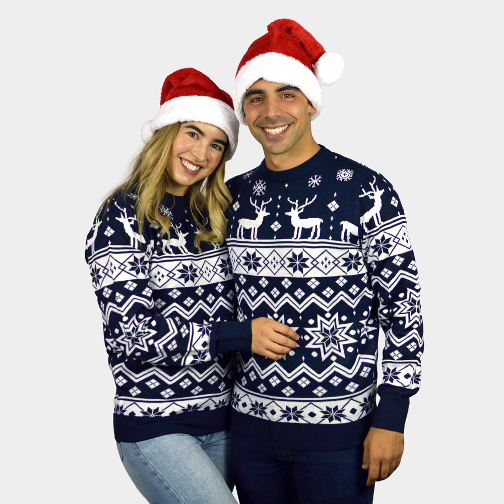 Camisola de Natal para Homem Renas e Estrelas Azul Nordic mulher