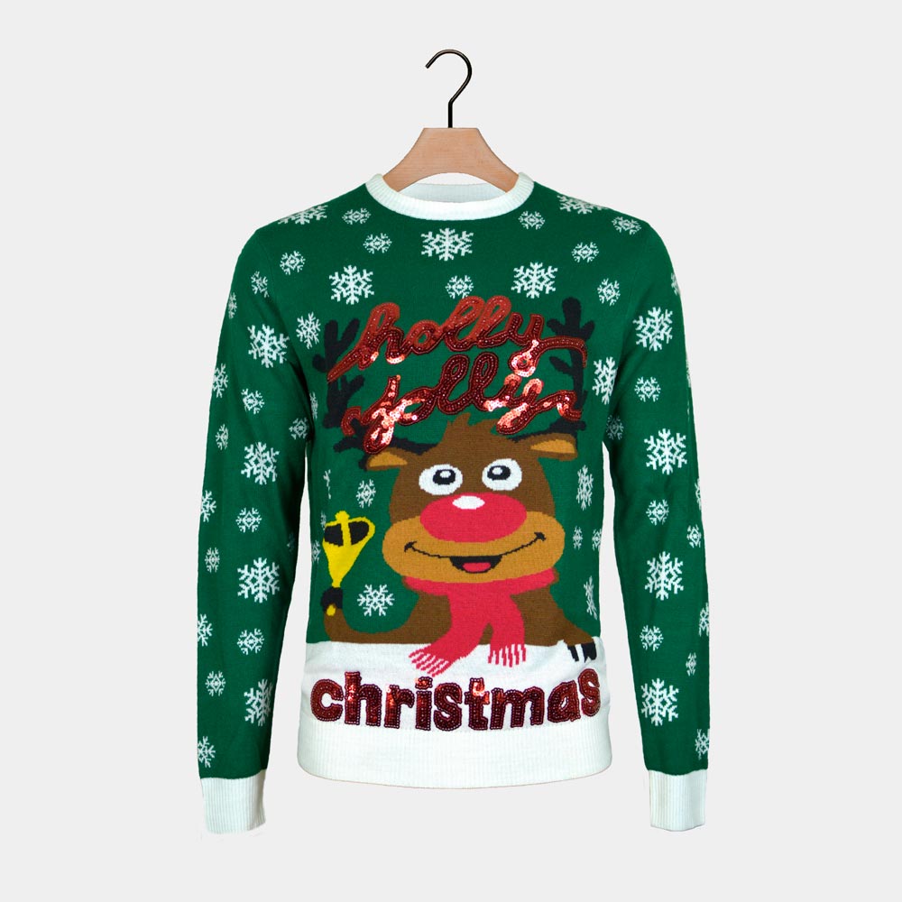 Camisola de Natal para Homem Verde Holly Jolly Lantejoulas