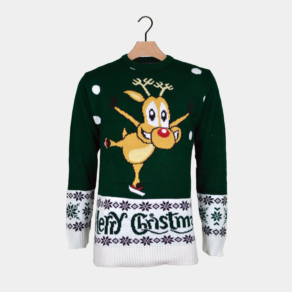 Camisola de Natal para Homem Verde Rena Patinadora