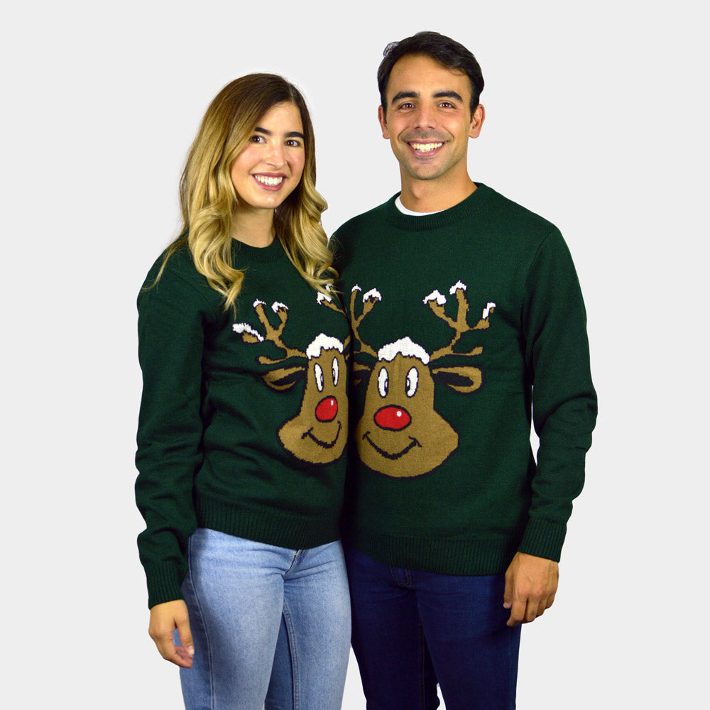 Camisola de Natal para Homem Verde com Rena Sorridente mulher