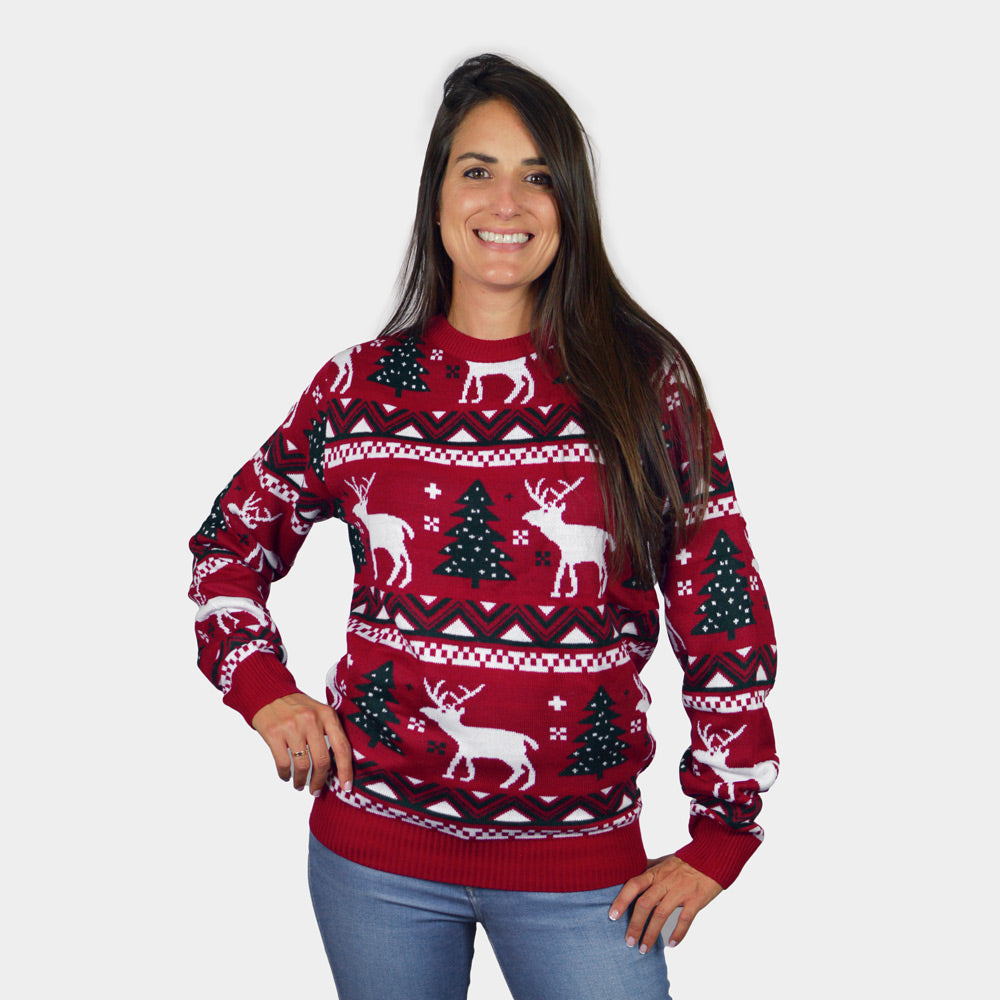 Camisola de Natal Homem mulher Vermelha Árvores de Natal e Renas
