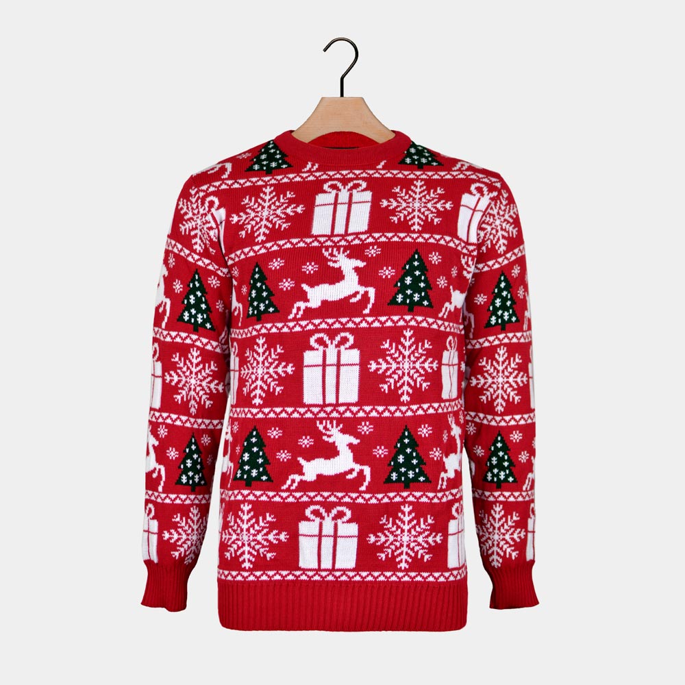 Camisola de Natal para Homem Vermelha com Árvores, Renas e Presentes de Natal