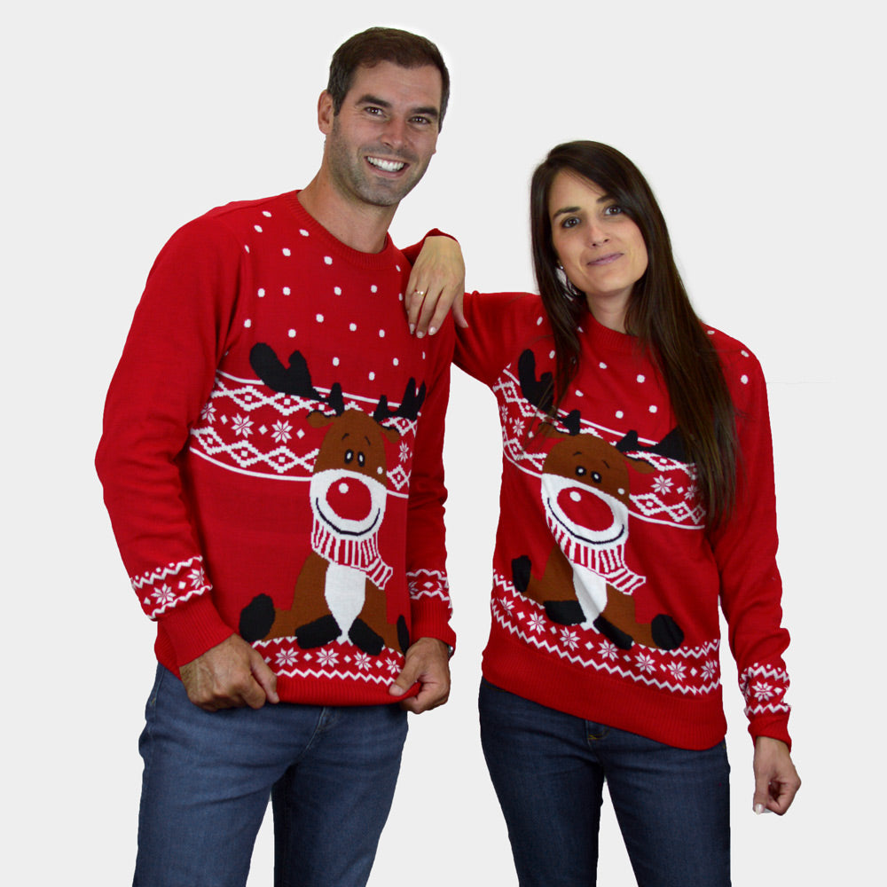 Camisola de Natal para Homem Mulher Vermelha Rena Rudolph Cachecol
