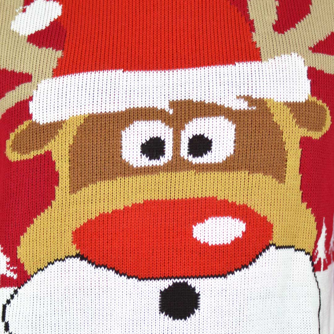 Camisola de Natal para Homem Vermelha com Rena Rudolph detalhe