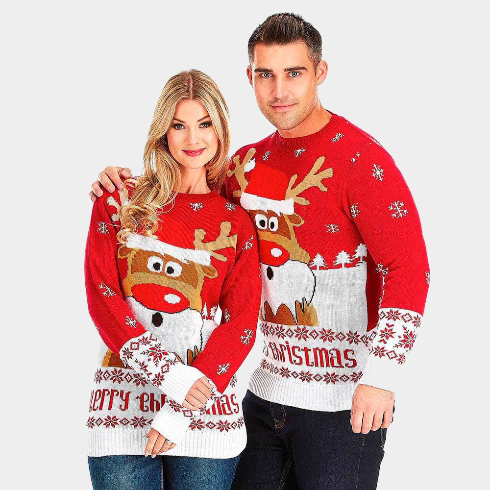 Camisola de Natal para Homem Vermelha com Rena Rudolph Mulher