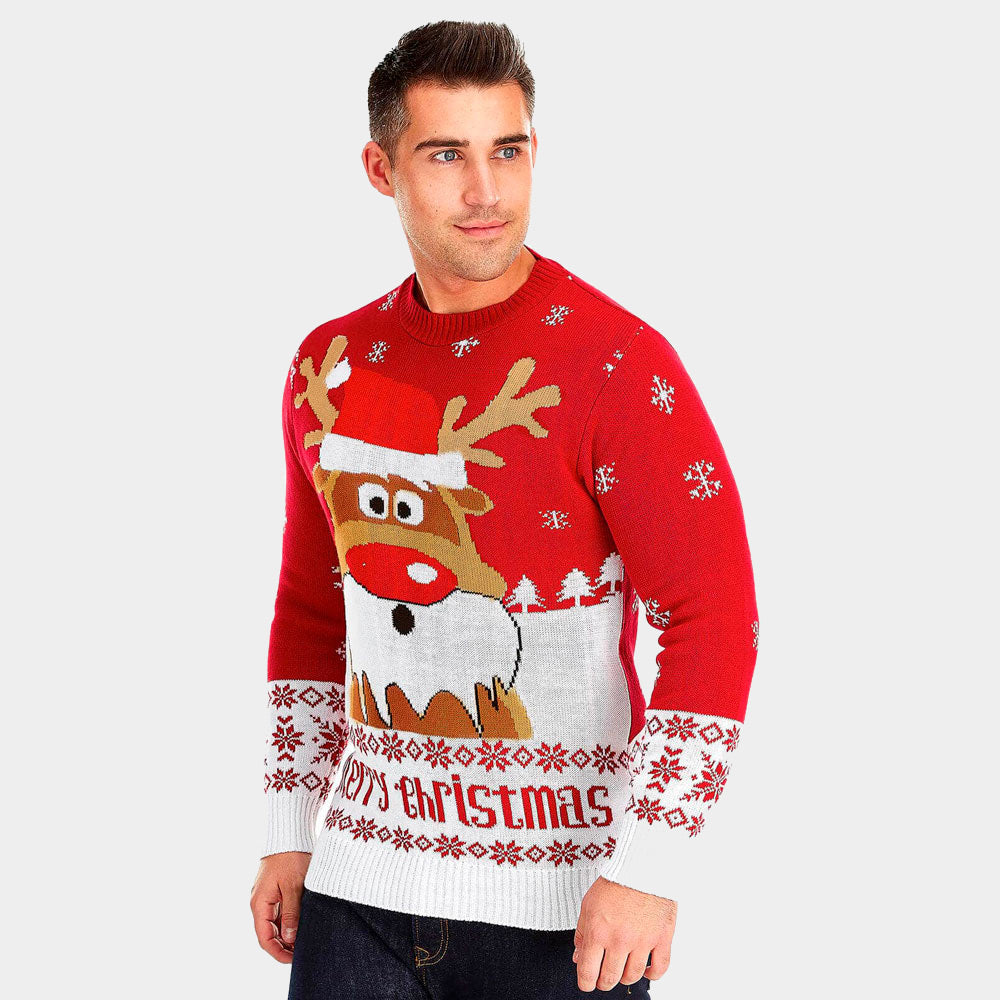 Camisola de Natal para Homem Vermelha Rena Rudolph