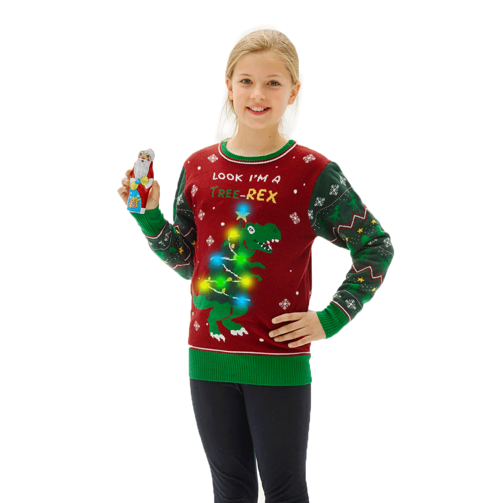Camisola de Natal com Luzes LED para Família Christmas Tree-Rex menina
