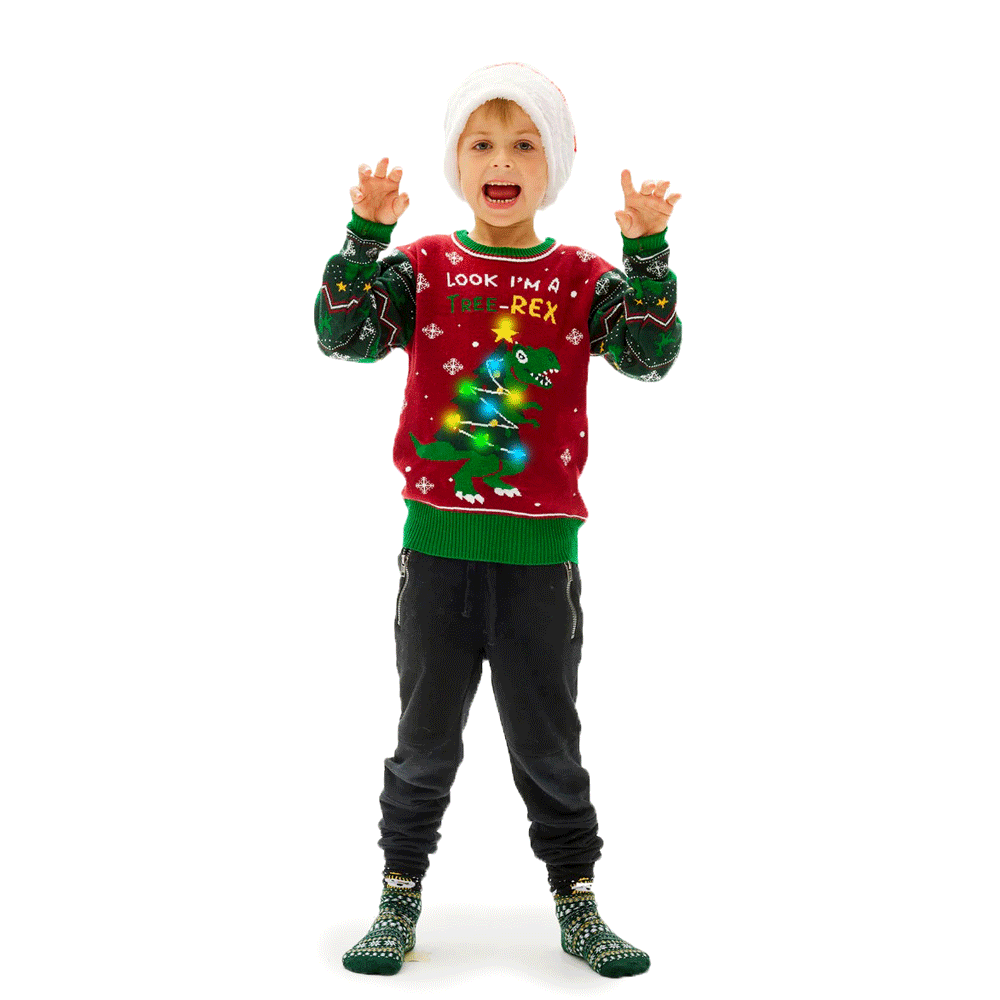 Camisola de Natal com Luzes LED para Família Christmas Tree-Rex menino