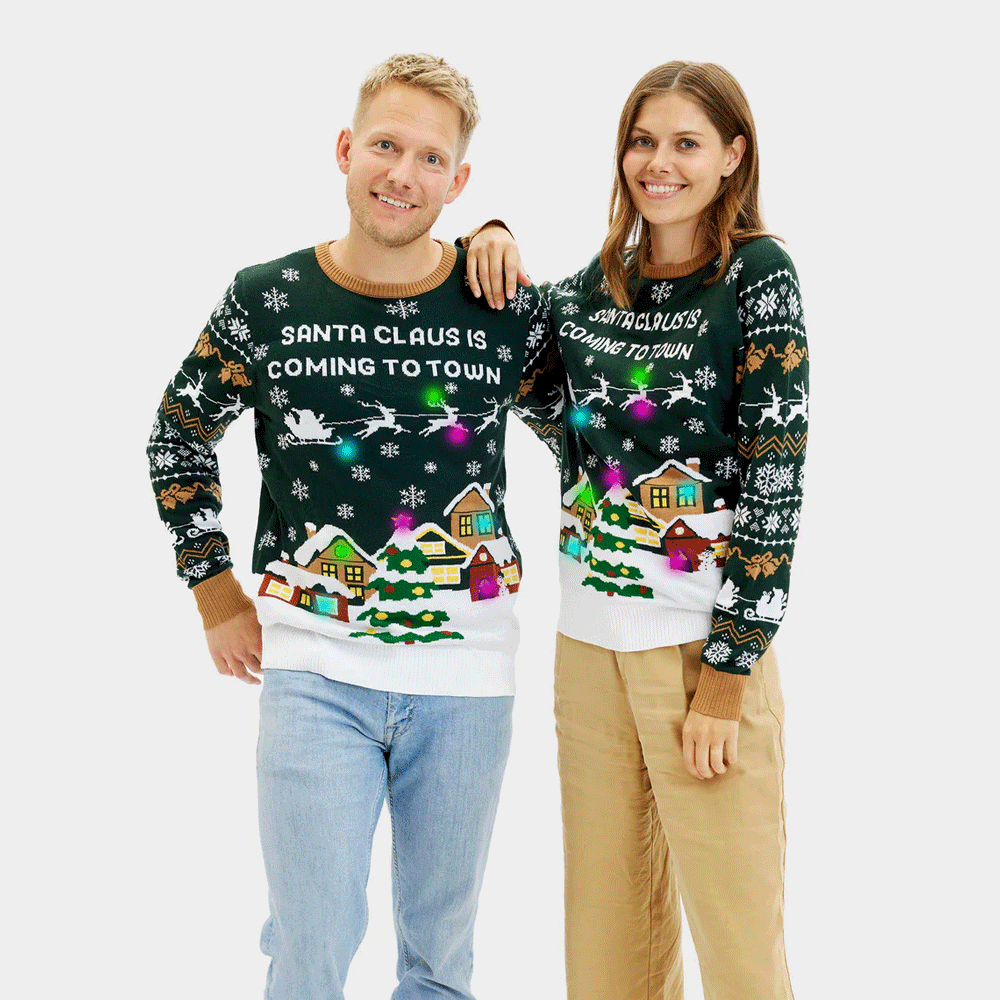 Camisola de Natal com Luzes LED para Homem Santa is Coming to Town Mulher
