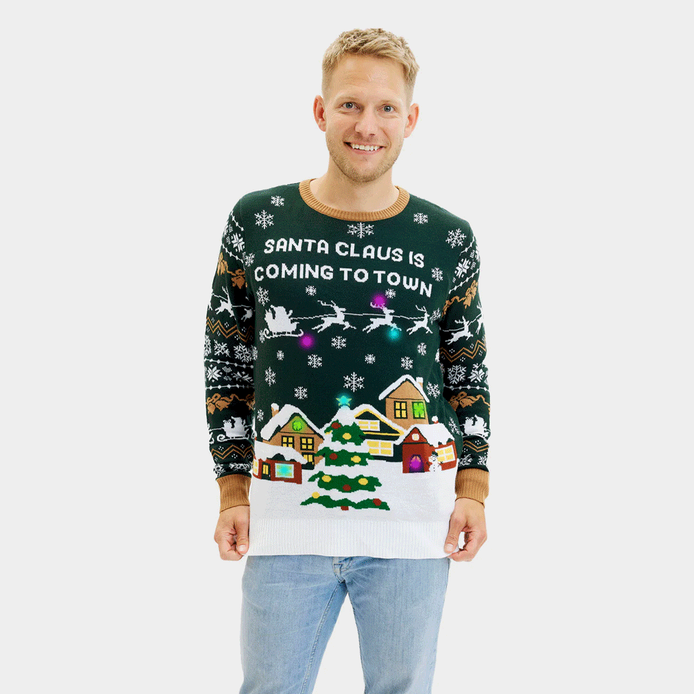 Camisola de Natal com Luzes LED para Homem Santa is Coming to Town
