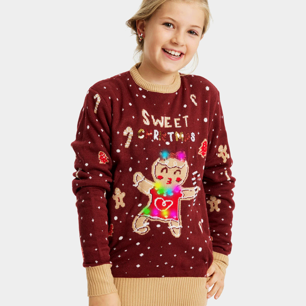 Camisola de Natal Luzes LED Menina Ginger Cookie Vermelha 
