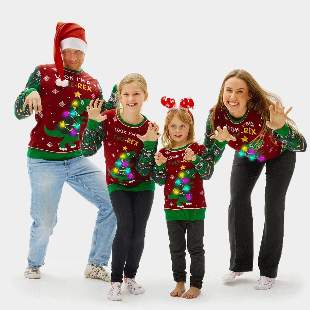 Camisola de Natal com Luzes LED para Menina y Menino Christmas Tree-Rex familia