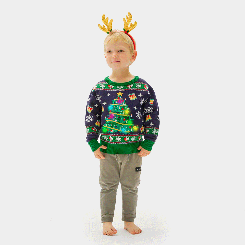 Camisola de Natal Azul Luzes LED  Menino Árvore de Natal
