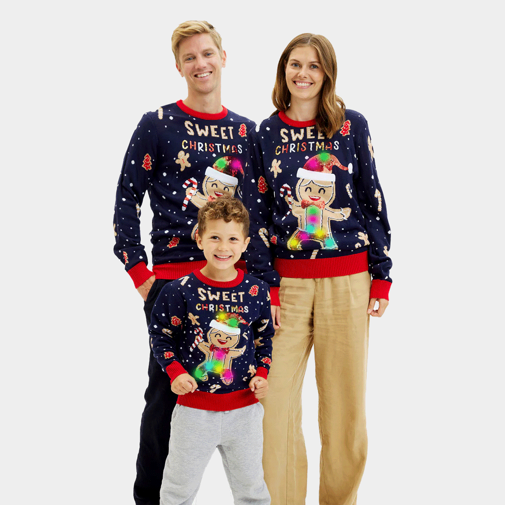 Camisola de Natal para Menina Menino Azul com Luzes LED Ginger Cookie Familia

