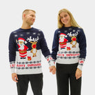 Camisola de Natal Menina e Menino Azul Casal Pai Natal Rena Rudolph Algodão Orgânico
