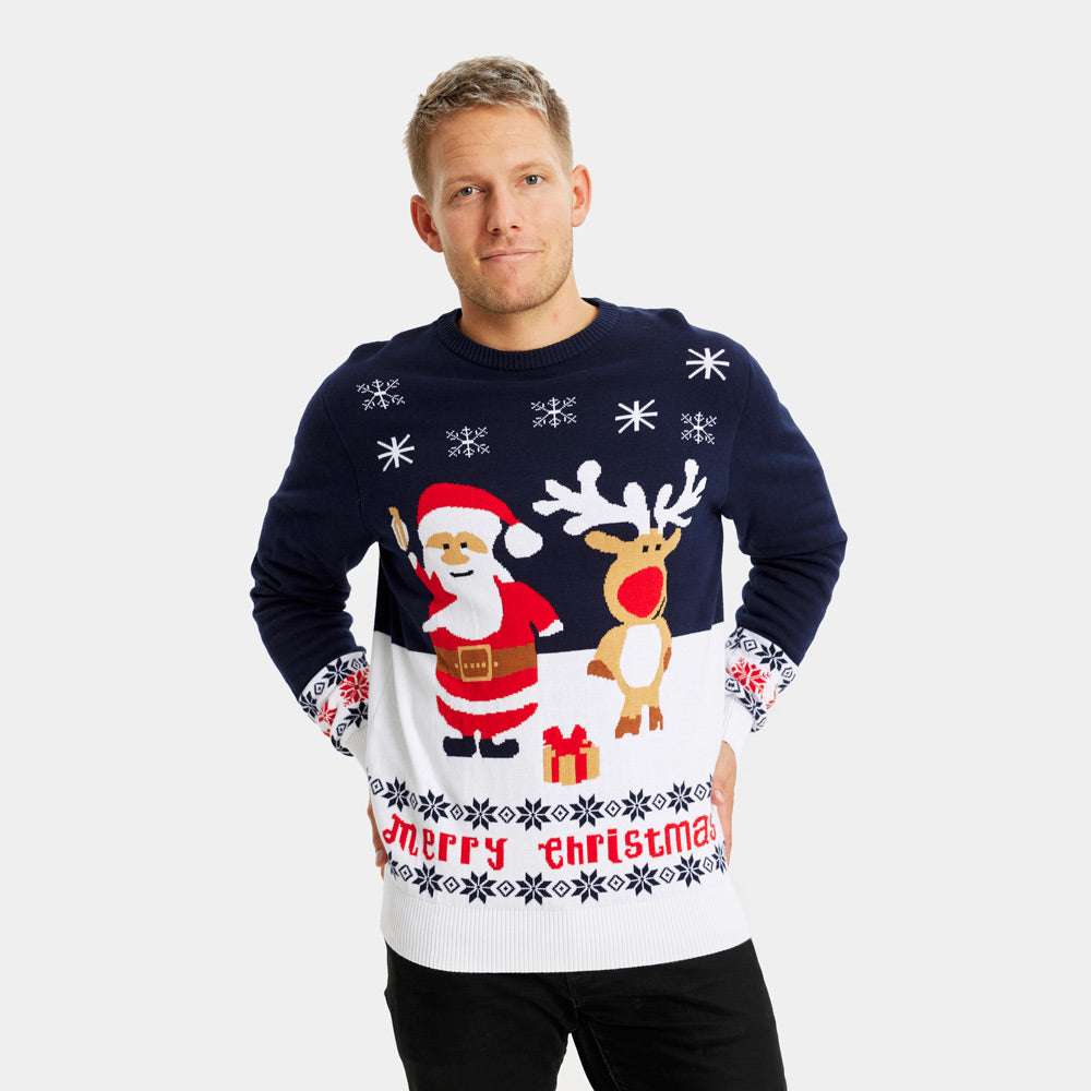 Camisola de Natal Menina e Menino Azul Pai Natal Rena homem Rudolph Algodão Orgânico
