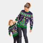 Camisola de Natal Azul Luzes LED Familia Menina e Menino Árvore de Natal

