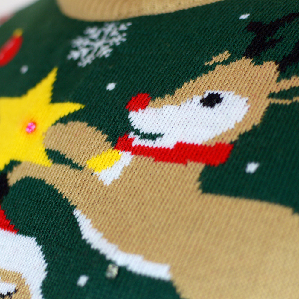 Camisola de Natal Luzes LED Menina e Menino Pai Natal Preso Verde 

