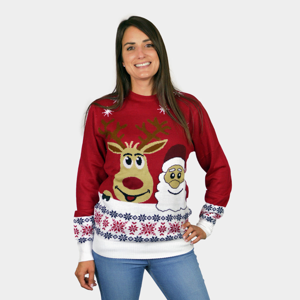 Camisola de Natal Mulher menina e menino com Rena e Pai Natal Sorridentes
