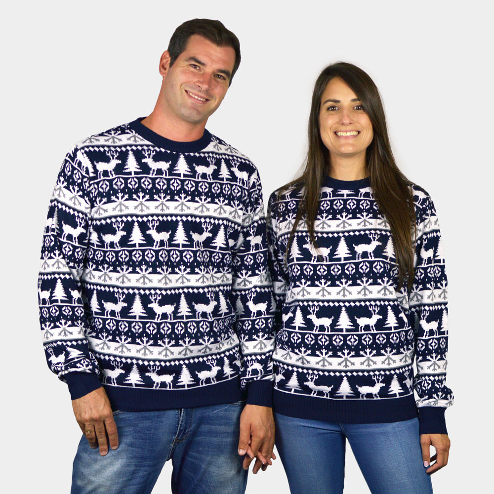 Camisola de Natal para Menina e Menino Casal  Pinheiros, Renas e Neve

