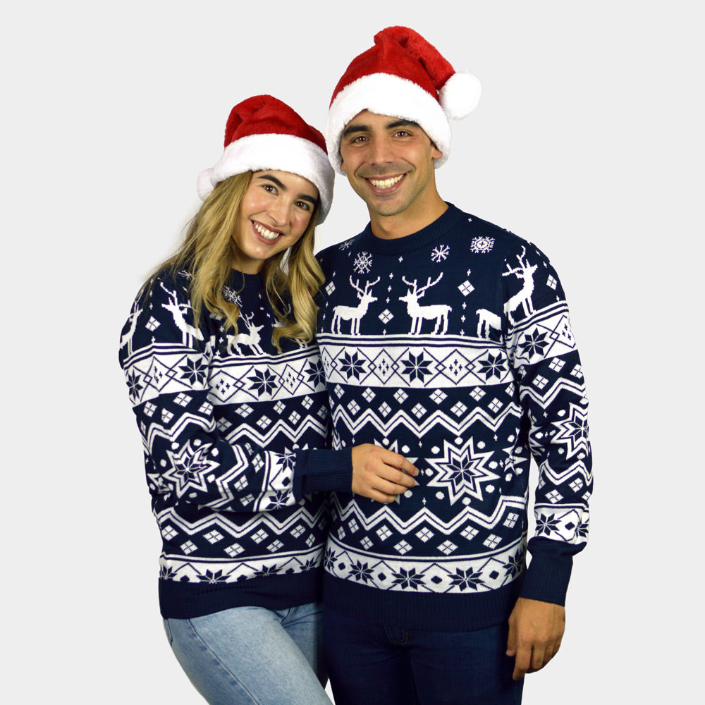 Camisola de Natal casal Menina e Menino com Renas e Estrelas Azul Nordic

