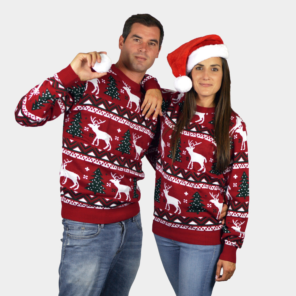 Camisola de Natal Menina e Menino Casal Vermelha Árvores de Natal e Renas

