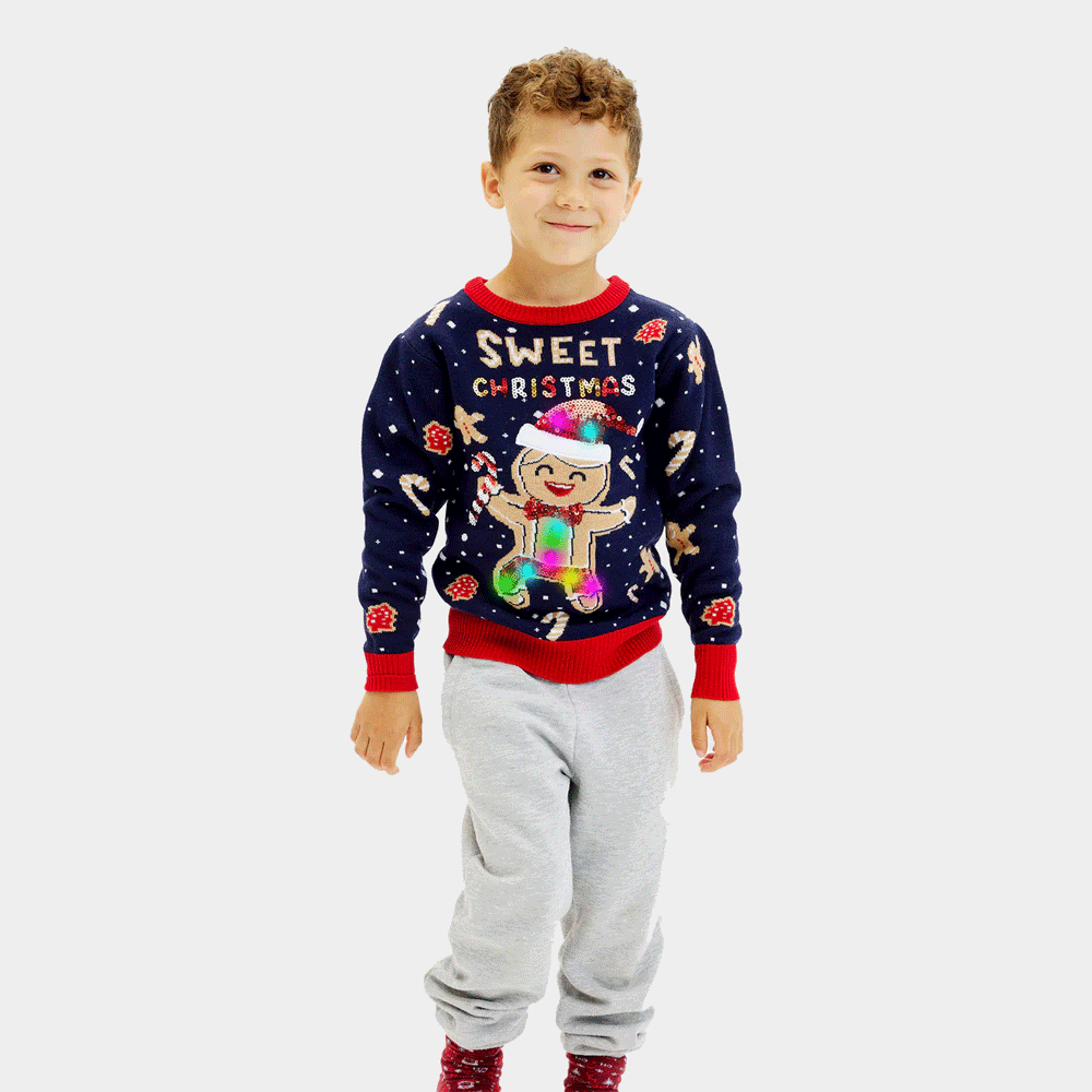 Camisola de Natal para Menino Crianças Azul com Luzes LED Ginger Cookie

