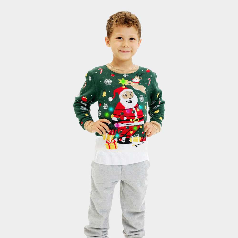 Camisola de Natal Verde Luzes LED Menino Crianças Pai Natal Preso