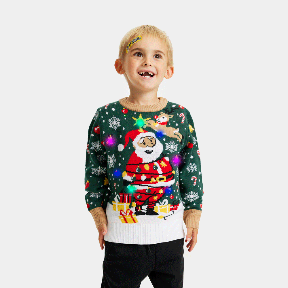 Camisola de Natal Verde com Luzes LED para Menino Pai Natal Preso