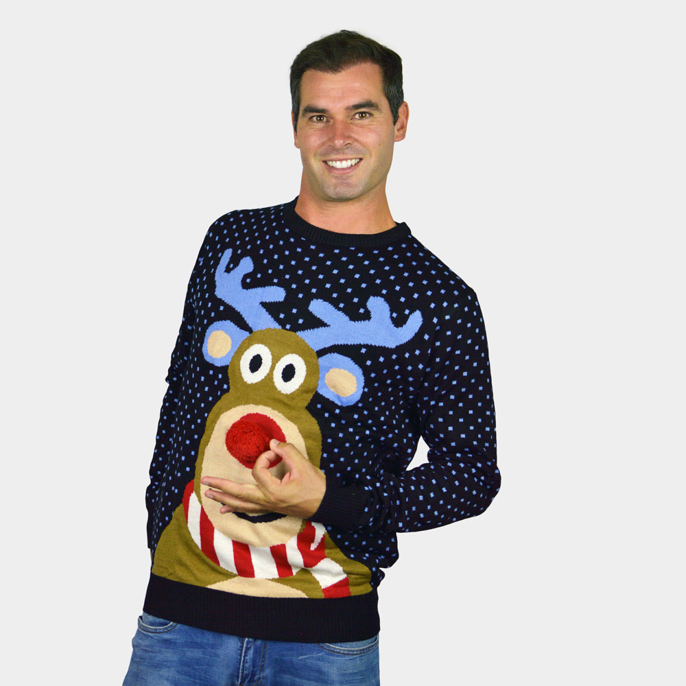 Camisola de Natal para Mulher Azul Homem Rena com Nariz Vermelho 3D
