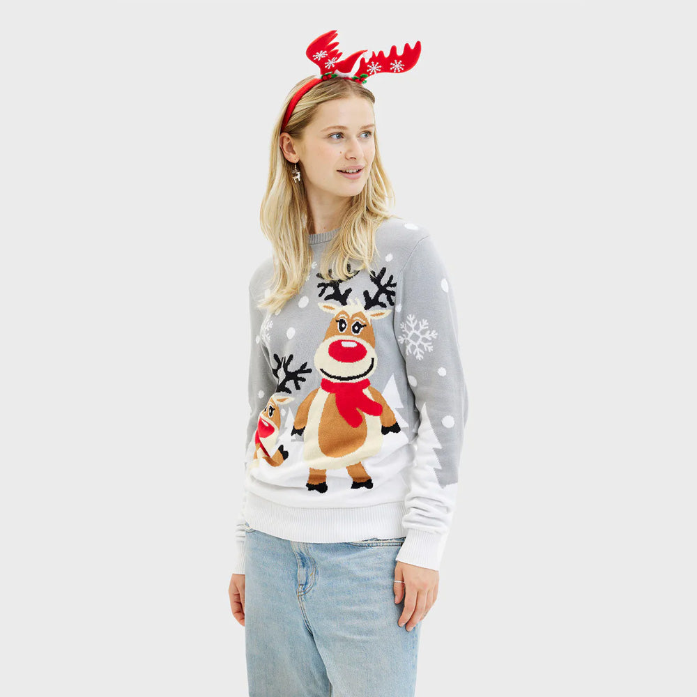 Camisola de Natal para Casal Mulher Cinza com Renas Cute


