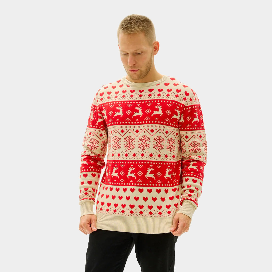 Camisola de Natal Mulher Corações Vermelhos Algodão Orgânico Bege 
