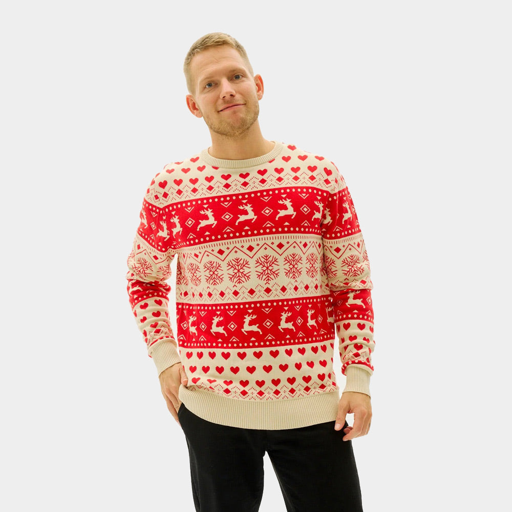 Camisola de Natal Mulher Corações Vermelhos Bege Algodão Homem Orgânico
