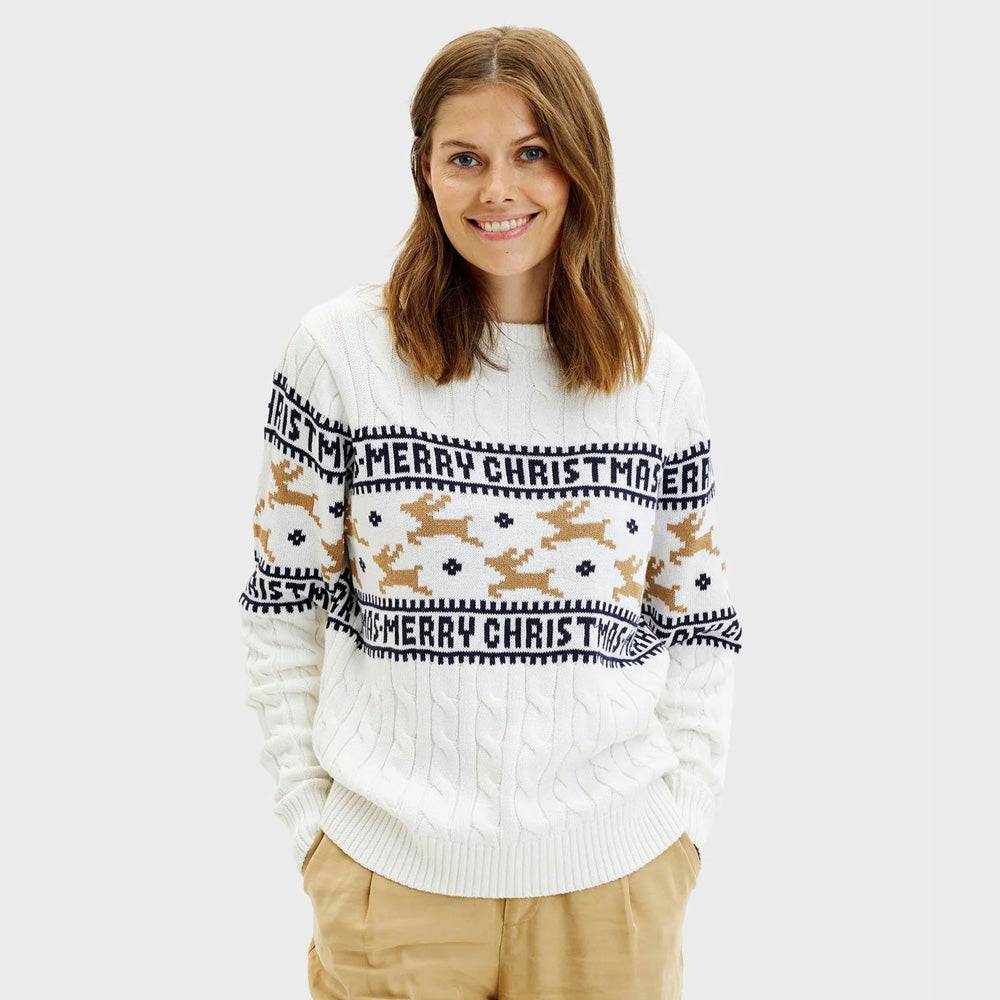 Camisola de Natal Mulher Elegante Branca Renas Algodão Orgânico
