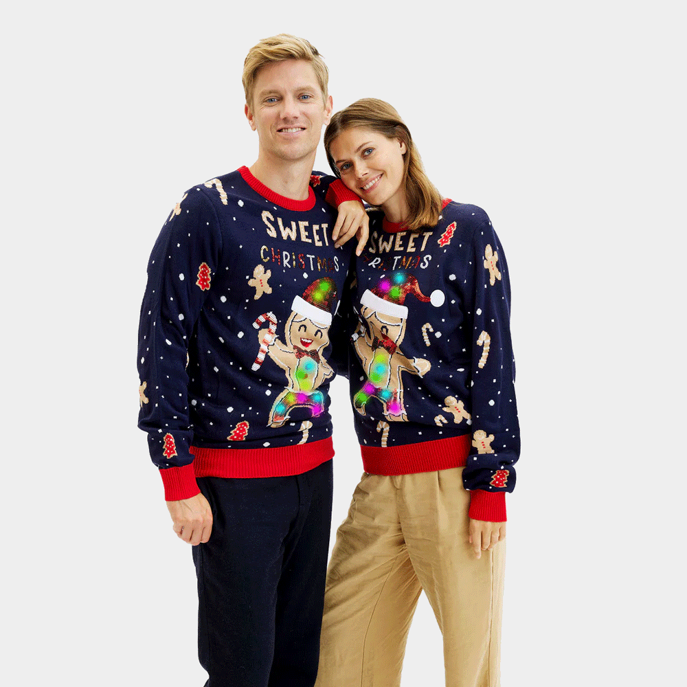 Camisola de Natal para Mulher Homem Azul com Luzes LED Ginger Cookie

