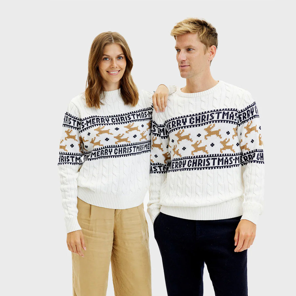 Camisola de Natal Mulher Homem Elegante Branca Renas Algodão Orgânico

