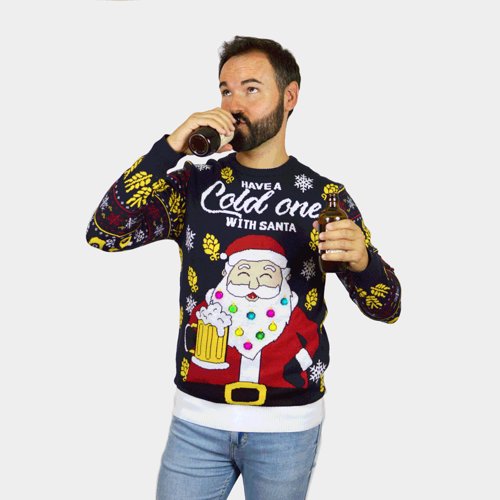 Camisola de Natal para Mulher Homem Luzes LED Pai Natal com Cerveja

