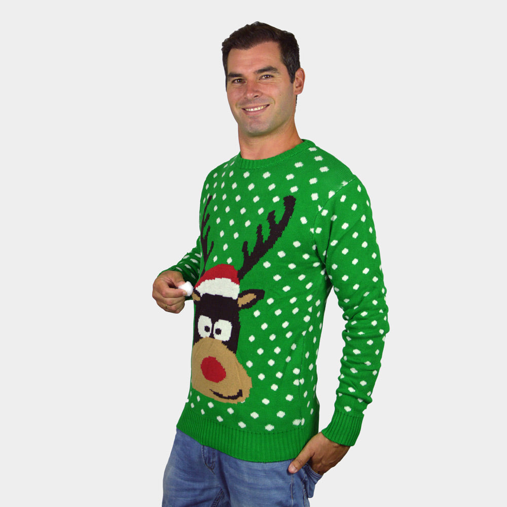 Camisola de Natal para Mulher Homem Verde Rena com Gorro 3D
