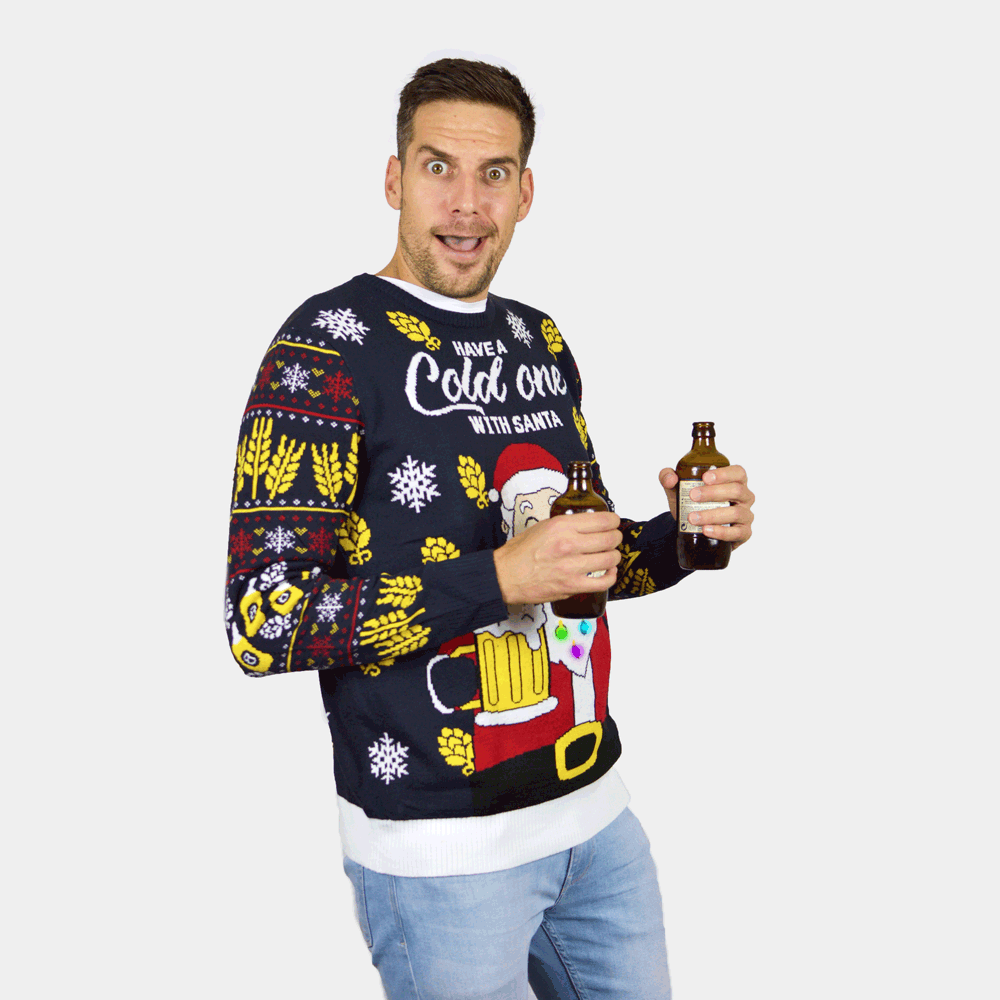 Camisola de Natal Homem Mulher com Luzes LED Pai Natal com Cerveja
